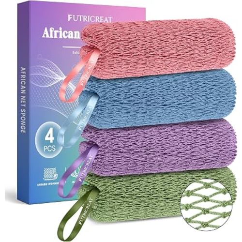 4 Pack African Net Sponge Authentic, Exfoliating Washcloth, Body & Back Scrubber, Better Than Traditional Loofahs, Perfect for Daily Shower & Travel, Pink, Blue, Purple & Green