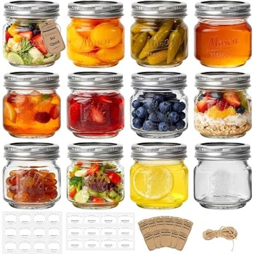 Eathtek 8 oz Glass Mason Jars with Regular Lids, 12 Pack 240 ml Canning Jars With Labels, Tags & Twine for Jam Jelly Spice Honey Herbs, Shower Favors Food Storage Wedding & Party Decor