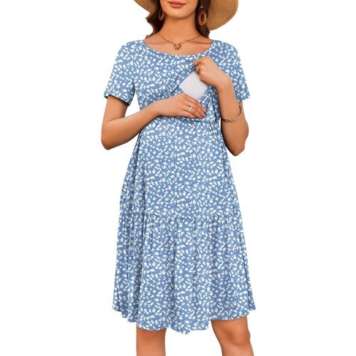 Ekouaer Nursing Dress Summer Short Sleeve Breastfeeding Casual Knee Length Maternity Dresses S-XXL