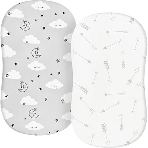TILLYOU Baby Bassinet Sheets for Girls Boys 2 Pack Baby Sheets for Square Rectangle Oval Bassinet Mattress 33X16 Inch, Grey Clouds