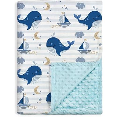 Whale Kid Blanket for Boys or Girl 30x40 - Soft Kids Throw Minky Blankets with Dotted Backing - Nursery Crib Blanket
