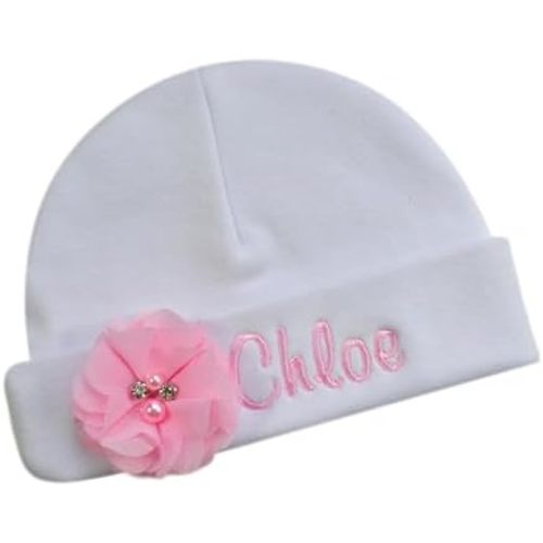 Personalized Baby Girl Hat with Sweet Chiffon Flower Embroidered with Custom Name