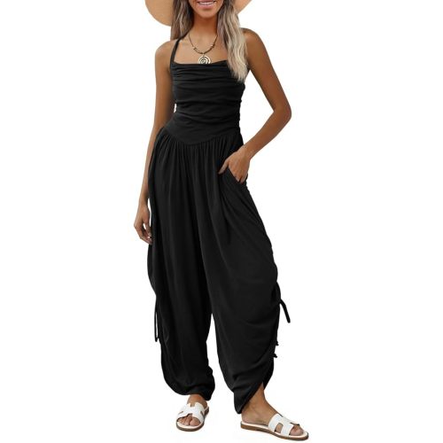 Fisoew Womens Casual Jumpsuits Summer Halter Straps Sleeveless Overalls Ruched Barrel Wide Leg Side-Cinch Long Pant Rompers