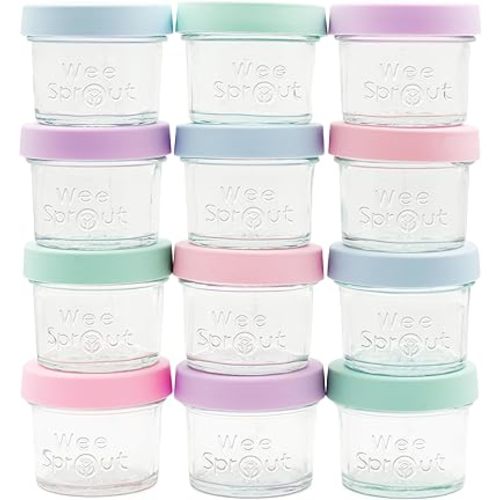 WeeSprout Glass Baby Food Storage Jars w/Lids (4 oz, 12 Pack Set) Snack, Puree, Reusable Small Containers, Breast Milk, Fridge or Freezer, Microwave & Dishwasher Safe, Essential Must Have for Infants