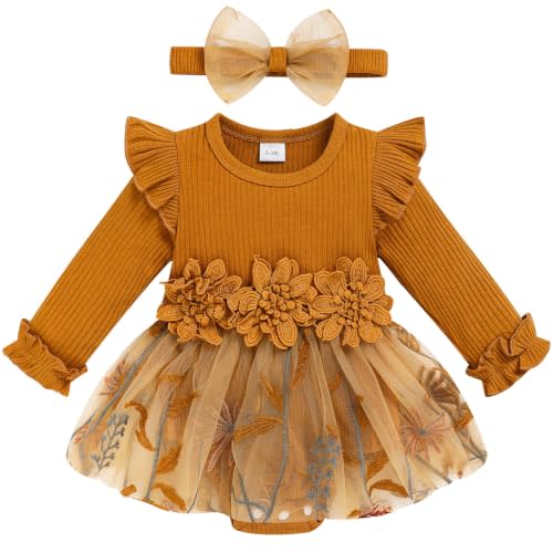 Baby Girl Romper Dress Tulle Skirt Bodysuit with Headband for Infants 0-12M | Long Sleeve Ruffle Cotton Romper with Floral Embroidered Tulle Skirt & Snap Closure
