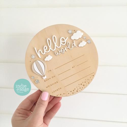Hello World Birth Announcement Sign - Neutral Baby Announcement Cloud Design