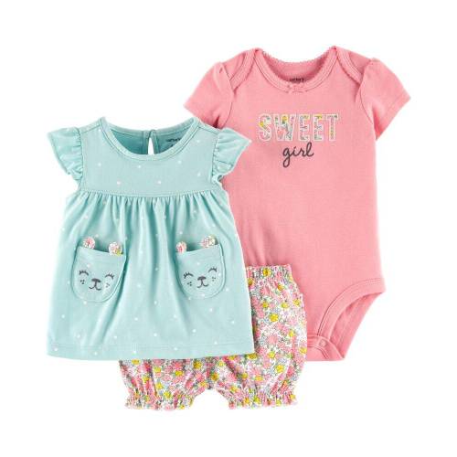 3-Piece Floral Little Short Set - Green/Pink - 9M