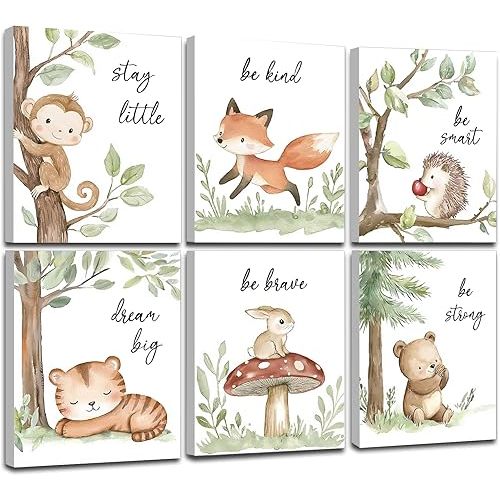 Framed Woodland Nursery Wall Art, Forest Animal Pictures Nursery Wall Decor, Safari Theme Wall Decor for Baby Kids Boy Girl Room (Framed, 8x10inch, Set of 6)