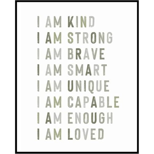 Kids Affirmation Wall Art for Boys Girls, I Am Kind Brave Loved Poster, Nursery Decor Baby Boy Girl Room Decor, Toddler Room Decor Kids Room Wall Decor Playroom Decor, Sage Green Minimalist. Unframed (8x10)