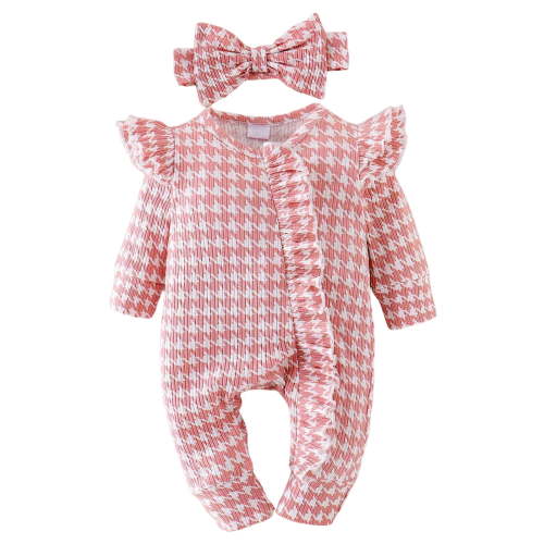 Karoyedx Rompers for Baby Girls Infant Baby Girl Fall Outfit Sweatshirt Romper Plaid Print Long Sleeve Jumpsuit Newborn Waffle Clothes Pink Size,0-3 Months