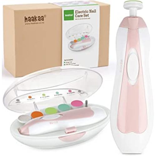 haakaa Baby Nail Trimmer Electric Safe Baby Nail Clippers Baby Nail File Kit Manicure Set, Trim Polish Grooming kit for Newborn Toddler or Adults Toes Fingernails, 6 Grinding Heads and LED Light, Pink