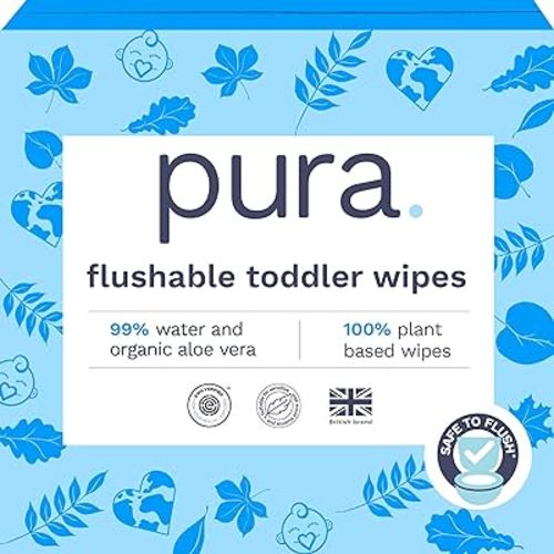 Pura Flushable Toddler Wipes 10 x 60 Wipes (600 Wipes), 100% Plastic Free, 99% Water, Hypoallergenic & Fragrance Free, Totally Chlorine Free, Kids Toilet Wipes, Sensitive Skin