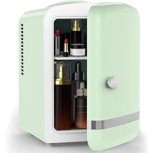 Mini Fridge for Bedroom, 4L/6 Cans Small Cosmetic Fridge for Skincare, Makeup, Medicine & Beverage, Portable Desk Fridge Cooler and Warmer for Kids, Car, Office, Dorm, Green