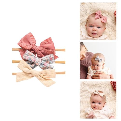 Little Poppy Co. Three Hair Bows Set - Stylish Handmade Accessories for Newborns,Babies and Toddlers | Premium Quality Headbands (Adaline Set, Mini on Nylon Headband (Newborn - 6 Month))