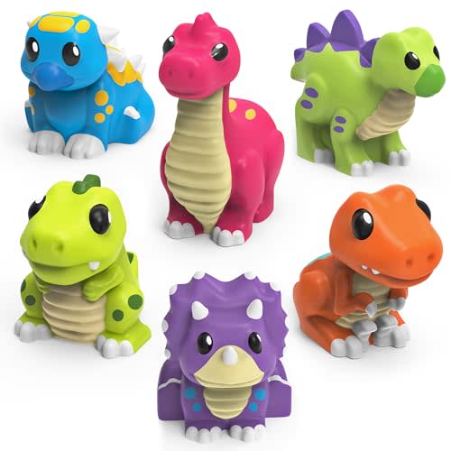 Tub Works Dinosaur Mold Free Bath Toys, 6 Pack | Sealed, No Hole Bath Toys Design Keeps Moisture Out | Soft, Squeezable & Float on Water | Easy-Grip Baby & Toddler Bath Toy Set | Great Baby Pool Toys