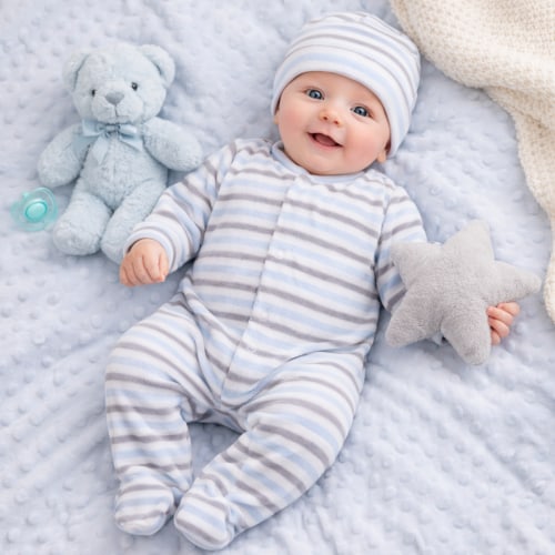 Blue Stripe Velour Footie & Hat Set