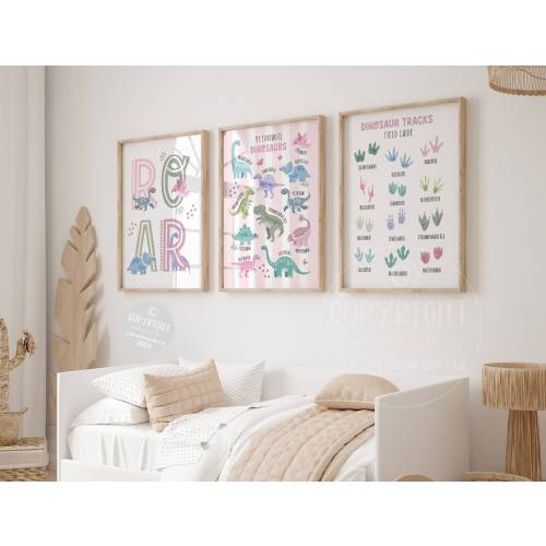 Dinosaur Nursery Art Prints: Pink Bedroom Decor, Set of 3