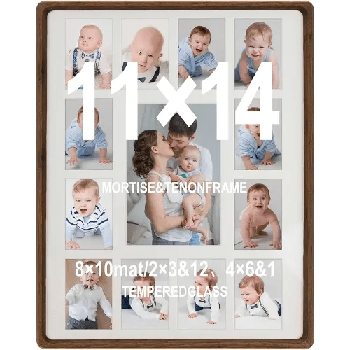 11x14 Walnut Wood Baby Keepsake Picture Frame with Real Glass and Double Mat – My First Year Collage for 12 Small Photos and 1 Large, Wall Mount or Tabletop Display