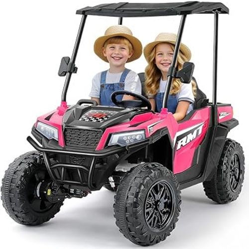 ELEMARA Ride on Cars 2 Seater w/Sun Shade, Dump Bed and Shovel, Ride on Toy for Big Kids, 12V 10AH 4WD Powered Electric Car, Side by Side Electric Vehicles, 3 Speeds, LED Lights, Bluetooth Music, Pink