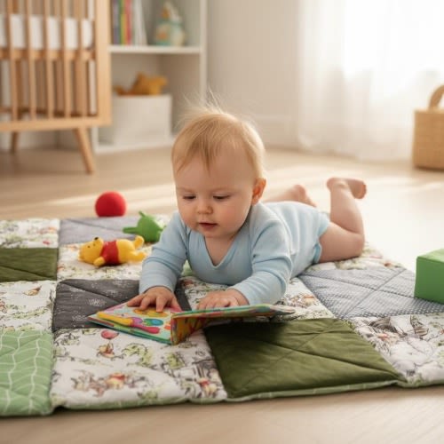 Winnie the Pooh Patchwork Baby Playmat, Sensory Tummy Time Rug