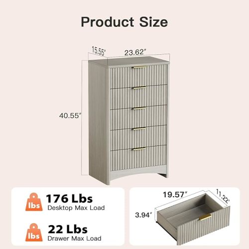 Closet Dresser for Baby, Fluted 5 Drawers Dresser, 40" Tall Modern Chest of Drawer with Round Edge & Pre-Installed Drawer Slides, Natural Wood Drawer Organizer for Bedroom, Hallway, Gray