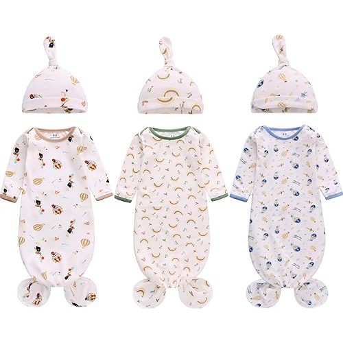 Newborn Knotted Nightgown Long Sleeve with Matching Hat Set 3 Pack, Cotton Baby Sleeper Gowns Sleeping Bags Home Outfits Set with Mitten Cuffs for Boys Girls (Balloon + Rainbow + Bear, 0-6 Months)