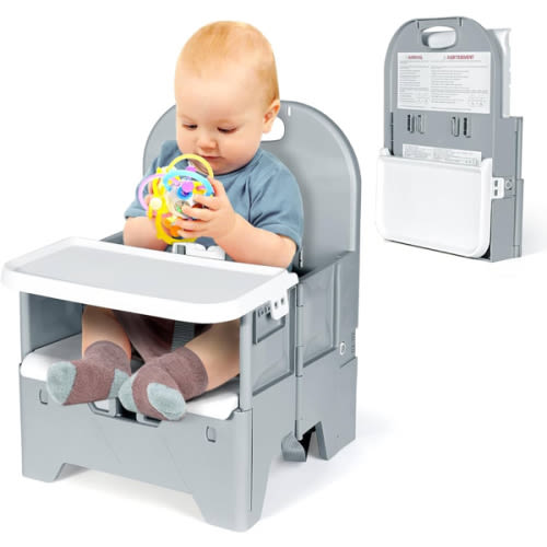 Orzbow Portable High Chair with Tray, Foldable Booster Seat for Travel Toddlers 6-36 Months, Baby Chair for Dining Table, Camping, Beach, Portable Booster Chair, Up to 33 lbs Baby, Grey