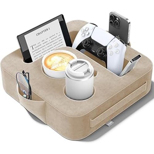 Couch Cup Holder Pillow, Sofa and Bed Organizer Caddy for iPad, Kindle, Switch, Game Controller, Remotes, Phones, Small-Sized Cup & Drink Holder for Couch, Bed, Desk, Car, Beach, Desk, Khaki