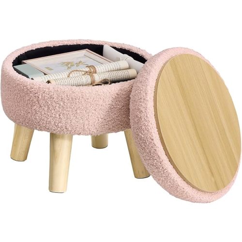 SONGMICS Storage Ottoman, Foot Stool, Round Ottoman with Padded Seat, Foot Rest with Wood Legs, Small Table, for Hallway, Living Room, 12.2 Inches, Teddy Fleece, Summer Sand ULOM515LF01
