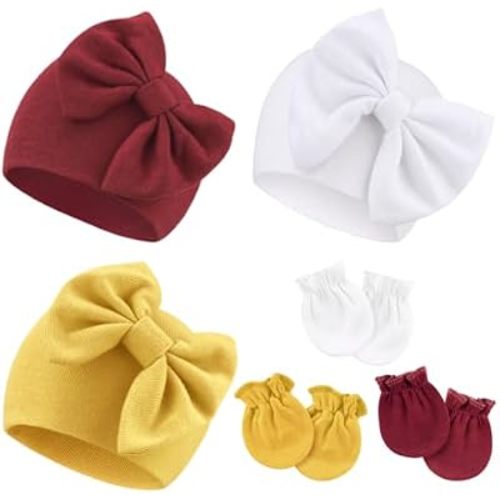 Newborn Baby Hats and Mittens Set Infant Bow Beanie Cap Toddler Gloves Newborn Hospital Hats for Baby Boy Girl Kid 0-6 Months