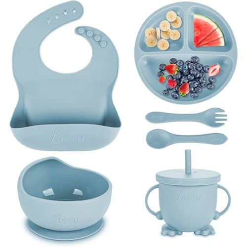 Silicone Feeding Set - Baby Led Weaning Supplies with Plate, Bowl, Bib, Spoon, Fork, Sippy Cup - BPA Free