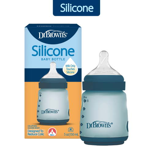 Dr. Brown's Silicone Baby Bottle with Collapsible Insert Designed to Reduce Colic, 5 oz with Wide-Neck Level 1 Slow Flow Nipple, BPA-Free, 0m+, Blue