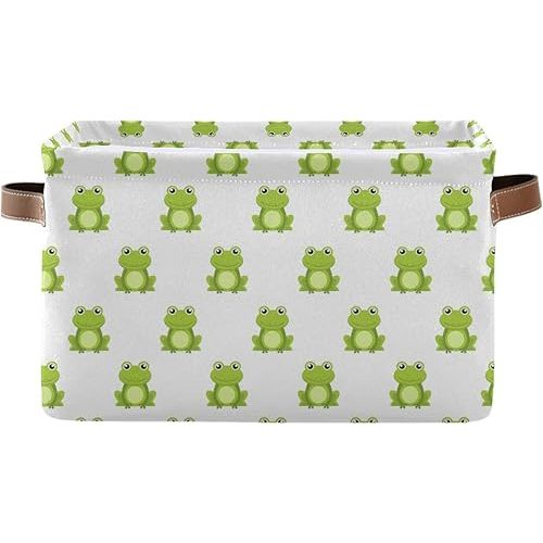 Emelivor Cute Green Frog Storage Bin Collapsible with Handle Rectangle Waterproof Cute Green Frog Basket for Storage Cube Closet Organizer for Toy Nursery Book Office Shelf Bathroom