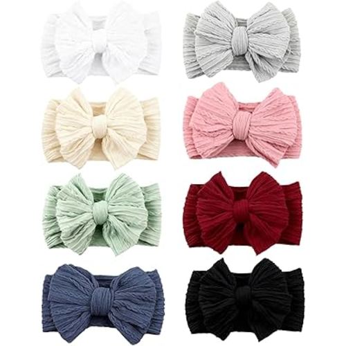 8 Pcs Baby Bows Headbands Soft Nylon Hairbands Super Elastic Headband Hair Accessories For Baby Girls Infant Toddler Essentials (8 Color-Warm, Mid)