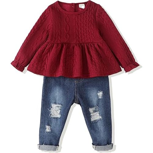 Baby Girl Clothes Toddler Girls Winter Outfits Infant Clothing Ruffle Top Denim Pants Jeans Cute Fall Outfit Set