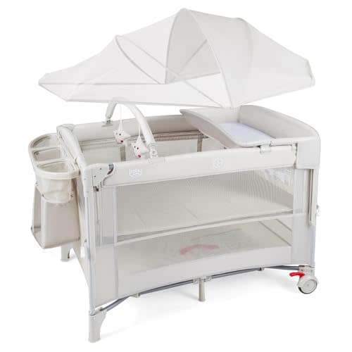 BABY JOY 5-in-1 Pack and Play with Canopy, 4 Level Heights Baby Bedside Sleeper w/Bassinet, U-Shaped Changing Table, Safety Strap, Side Zipper, Portable Bedside Crib Playard from Newborn to Toddlers