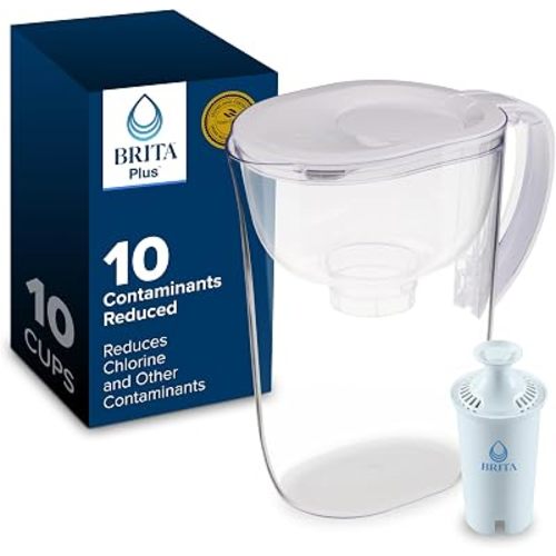 Brita Large 10-Cup Water Filter Pitcher with BritaPlus Filter, WQA NSF/ANSI Certified, Reduces 2X Contaminants vs. Standard, Removes Chlorine Taste & Odor, Reduces Zinc Copper Mercury & More, Clear