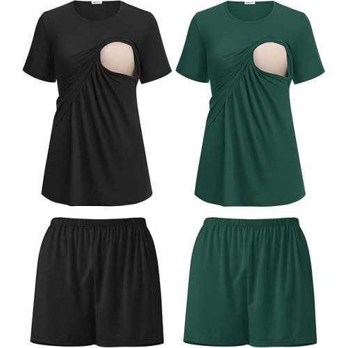 Ekouaer 2 Pack Women's Nursing Pajamas Set Double Layer Maternity Pjs Postpartum Loungewear Set Breastfeeding Tops & Shorts