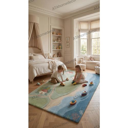 Hand-Tufted Kids Rug | Storybook Village Ocean Playroom Carpet | Pastel Nursery Rug | Montessori Play Rug | New Zealand Wool Kids Room Decor
