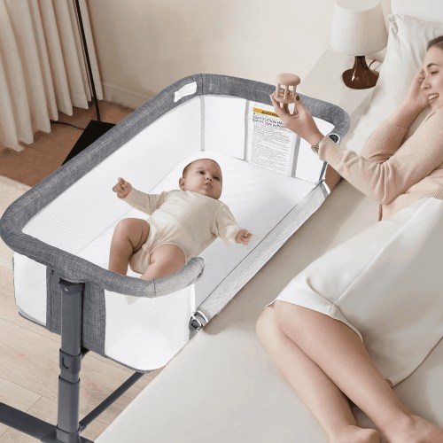 LINLUX Adjustable Baby Bassinet, Newborn Bedside Crib Sleeper, Portable Infant Crib, Grey