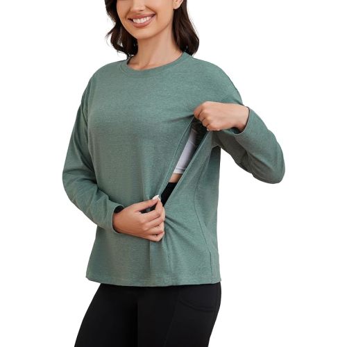 Ecavus Women’s Zip Maternity Nursing Tops for Breastfeeding Long Sleeves Casual Nursing Shirts Pregnancy Mama Clothes