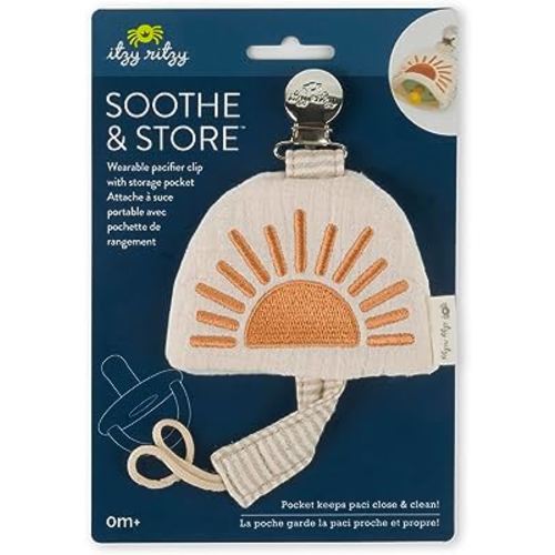 Itzy Ritzy Soothe & Store Pacifier Clip and Storage Pouch; Wearable Pacifier Strap Includes Storage Pocket with Closure; (Pacifier Not Included) Terracotta Sun