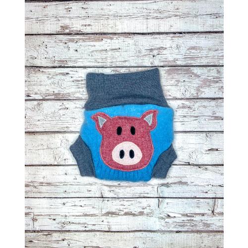 Cloth diaper cover, upcycled wool soaker cover, cloth nappy cover - blue with a pig appliqué - size small 3-6M