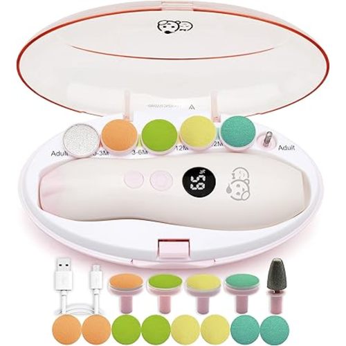 Royal Angels Rechargeable 22 in 1 Baby Nail Trimmer with LCD Display, Labeled Case, 13 Extra Pads, Safe Quiet LED Light Electric Baby Nail File Kit for Newborns Toddlers (WhitePink)