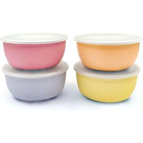 Elk and Friends Stainless Steel Bowls + Silicone Sleeve and Storage Lid | Baby, Toddler, Kids | Cereal & Snack Bowls | Storage Containers | Dishwasher Safe | 4 Pack
