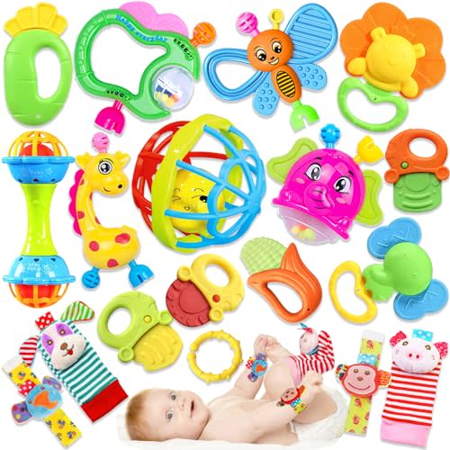 Baby Rattles Toys for 0-6 Months - 18 PCS Infant Toys 0-3 Month Old Baby Boy Girl Gifts Set with Teething and Wrist Socks Rattle Infant Newborn Sensory Toy Baby Easter Basket Stuffers Gifts