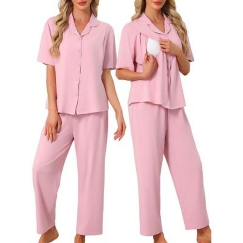 INSPIRE CHIC 2 Pcs Maternity Nursing Short Sleeves Breastfeeding Loungewear Button Down Postpartum Pajama Sets Large Rose Pink