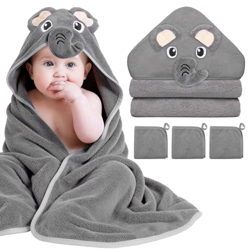 4 Pcs Baby Towels and Washcloths Set, 1 Pcs Animal Hooded Baby Towels & 3 Pcs Baby Washcloths for Newborns, Toddlers, and Kids, Soft Absorbent Hooded Bath Towel for Boys & Girls (Gray Elephant)