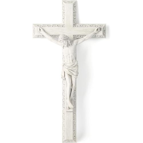 BC Catholic Crucifix Wall Cross, 12" H Jesus Christ Wall Decor for Elegant Modern Home, Devout Gift for Easter, Religious Gifts Home Decor, Grey White Stone Finish, Hand Painted by Buildclassic