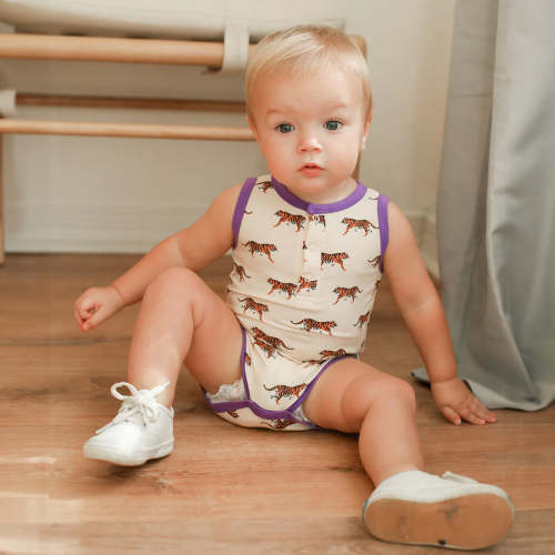 Southern Slumber Purple Tiger Bamboo Henley Onesie with Snaps - Natural